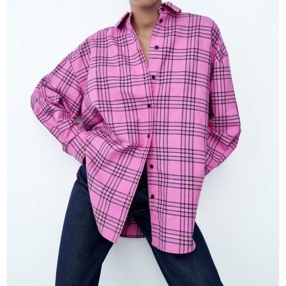 Zara Pink & Black Plaid Oversized Button Up Flannel - Picture 1 of 8